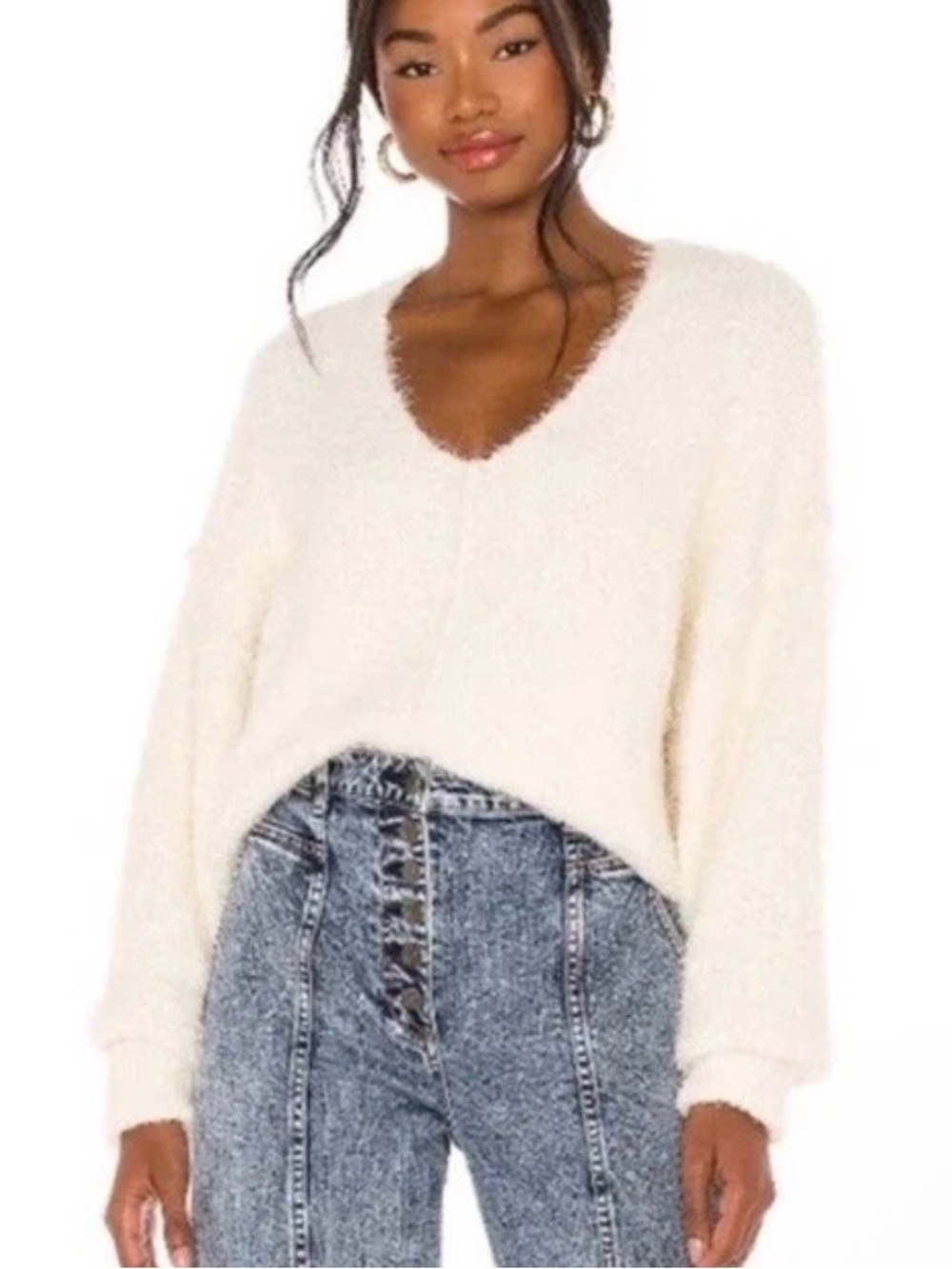 Free People Icing V-Neck Pullover Sweater Fuzzy Eyelash Slouchy Ivory Size L